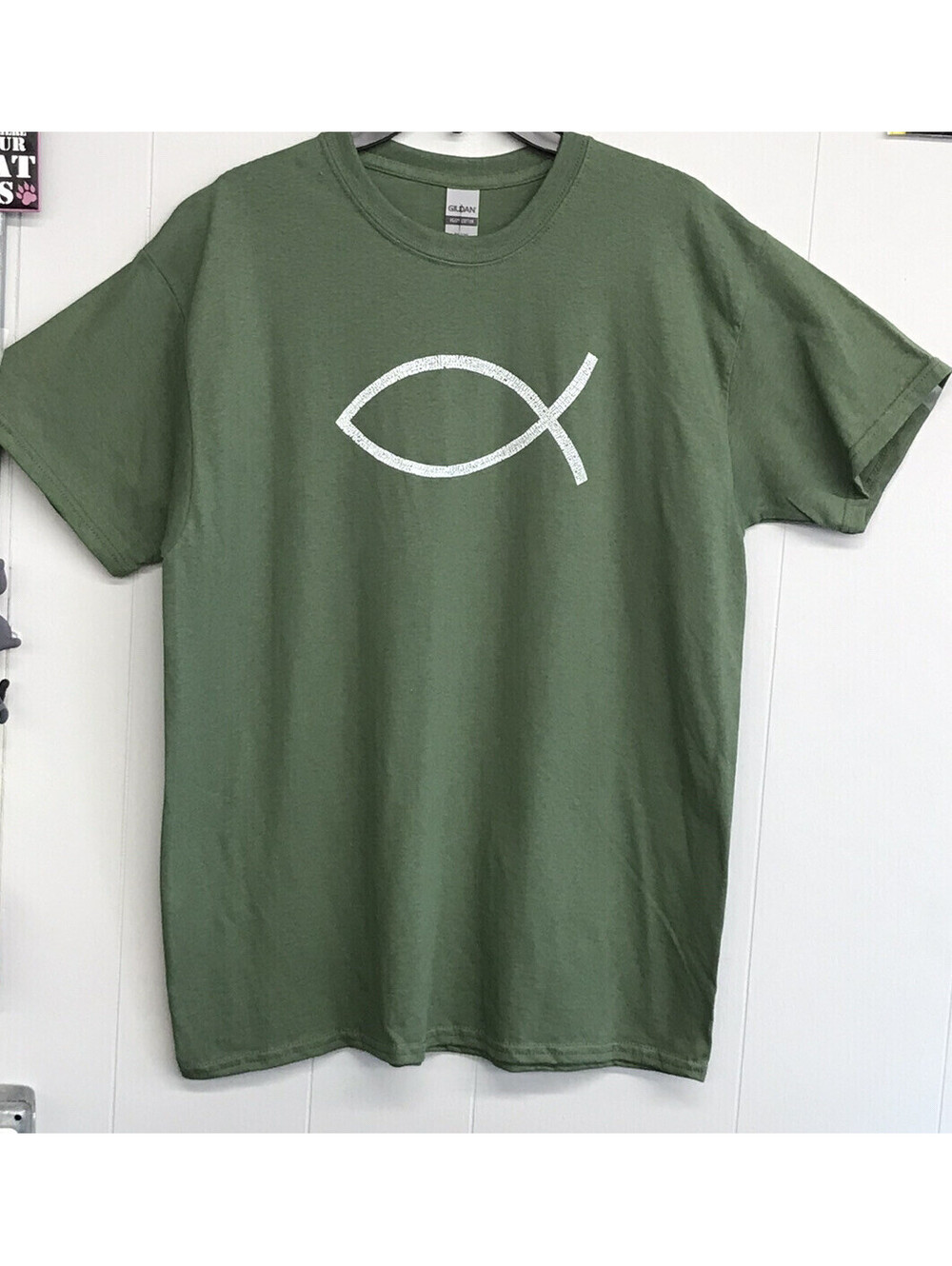 LA POP ART T-shirt. Olive With Jesus Fish On Front In White. Mens Large.  NWT.